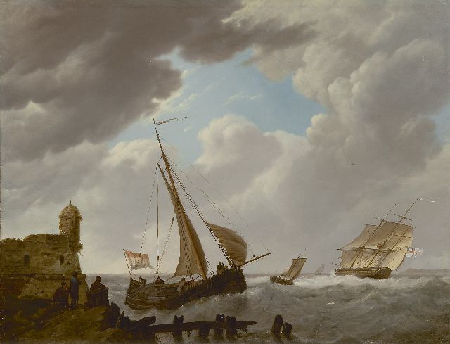 Johannes Hermanus Koekkoek | Tjalk en Engels oorlogsschip in de Zeeuwse wateren, olieverf op paneel, 36,0 x 47,0 cm, gesigneerd m.o.