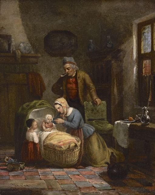 David van der Kellen III | Vissersfamilie in een interieur, olieverf op paneel, 32,0 x 26,1 cm, gesigneerd l.o. met monogram en gedateerd '49