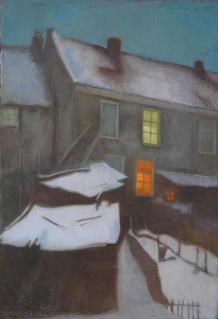 Cees Bolding | Verlichte huizen in de winter, Amsterdam, olieverf op paneel, 50,9 x 35,7 cm, gesigneerd l.o. en gedateerd '28