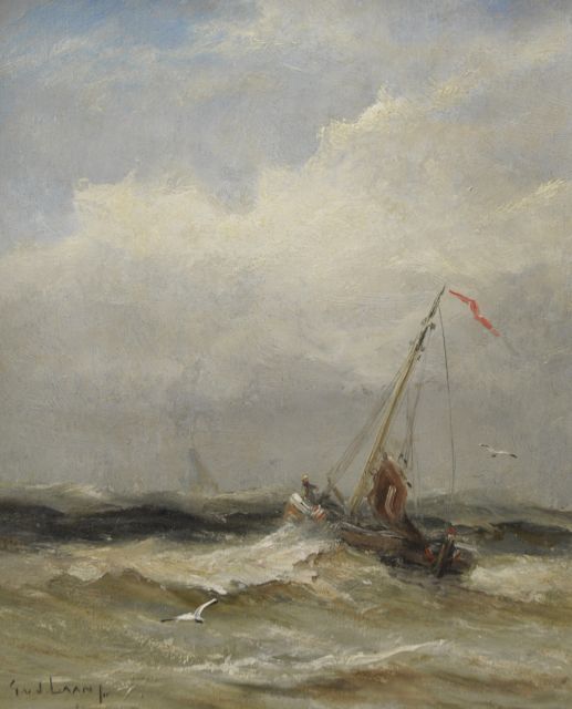 Gerard van der Laan | Schip in de branding, olieverf op schildersboard, 19,5 x 16,0 cm, gesigneerd l.o. en verso