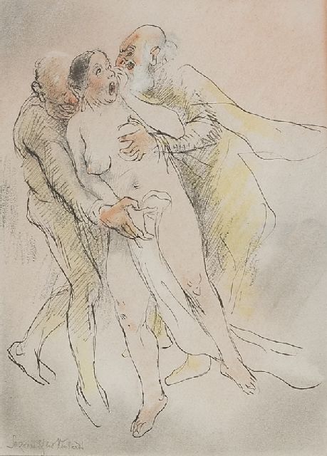 Rassenfosse A.L.  | Suzanne & Les Vieillards, potlood, inkt en pastel op papier 19,7 x 15,3 cm