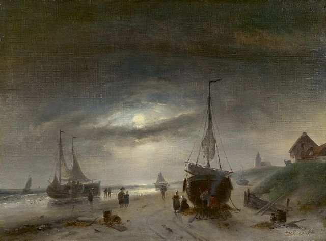 Charles Leickert | Vissers en schepen op het strand van Scheveningen, bij maanlicht, olieverf op doek, 48,6 x 65,6 cm, gesigneerd r.o.