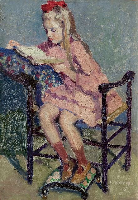 Frans Smeers | Lezend meisje, olieverf op paneel, 23,9 x 16,7 cm, gesigneerd r.o. en gedateerd '16