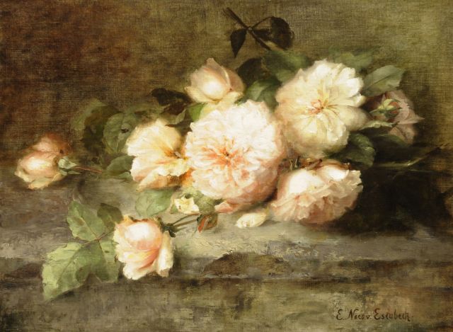 Nees von Esenbeck E.  | Bloemstilleven met roze rozen, olieverf op doek 43,2 x 58,9 cm, gesigneerd r.o.