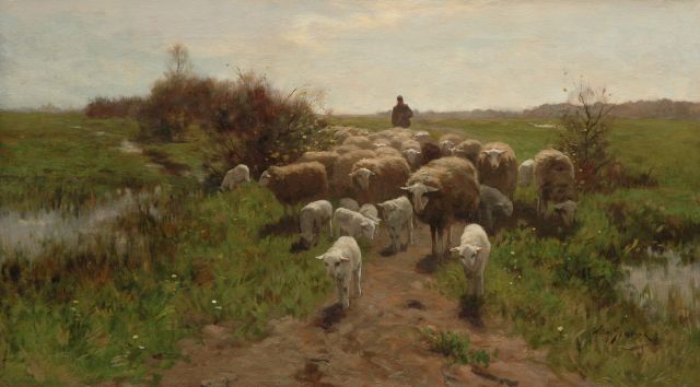 Willem Steelink jr. | Herder met schaapskudde op de hei, olieverf op doek, 56,7 x 100,4 cm, gesigneerd r.o.