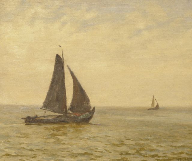 Willem Bastiaan Tholen | Vissersboten op zee, olieverf op doek op paneel, 31,3 x 37,0 cm, gesigneerd r.o. en gedateerd '15