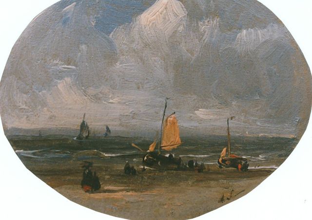 Andreas Schelfhout | Strandgezichtje, olieverf op paneel, ovaal, 6,0 x 7,5 cm, gesigneerd r.o. monogram