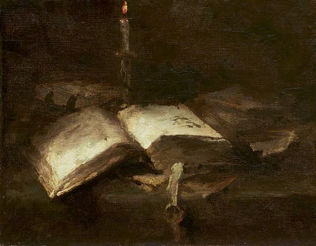 Margaretha Roosenboom | Stilleven met bijbel, olieverf op doek, 18,8 x 24,0 cm, gesigneerd l.o. met initialen en te dateren 1891