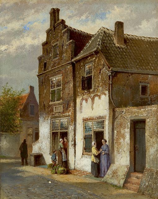 Oosterhuis P.H.Pzn.  | Figuren in Hollands straatje, olieverf op paneel 25,0 x 19,8 cm, gesigneerd r.o. en gedateerd 1877
