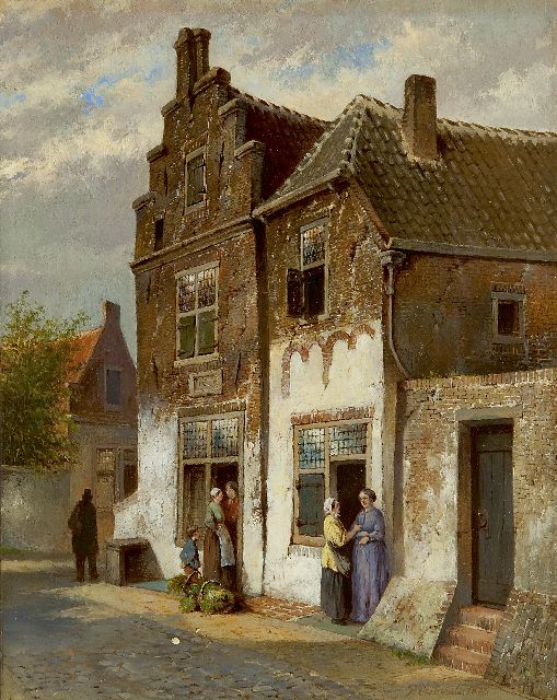 Pieter Oosterhuis | Figuren in Hollands straatje, olieverf op paneel, 25,0 x 19,8 cm, gesigneerd r.o. en gedateerd 1877