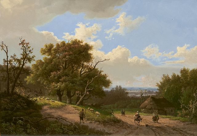 Marinus Adrianus Koekkoek I | Boslandschap met herder en landvolk, olieverf op paneel, 24,5 x 34,9 cm, gesigneerd r.o. en gedateerd 1851