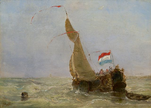 Albertus van Beest | Spelevarende boeier op woelige zee, olieverf op paneel, 14,8 x 20,7 cm, gesigneerd l.o.