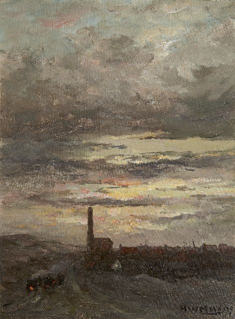 Hendrik Willem Mesdag | Dorpje in de duinen bij zonsondergang, olieverf op paneel, 34,5 x 25,6 cm, gesigneerd r.o.