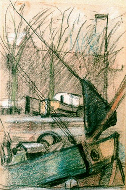 Herman Kruyder | Afgemeerde boten op het Spaarne, gemengde techniek op papier, 20,5 x 13,5 cm, gesigneerd m.o.