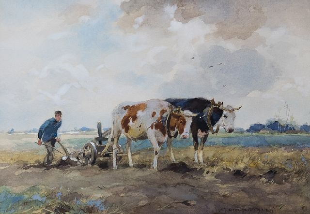 Adriaan Groenewegen | Ploegende boer met ossen, aquarel op papier, 19,0 x 26,3 cm, gesigneerd r.o.