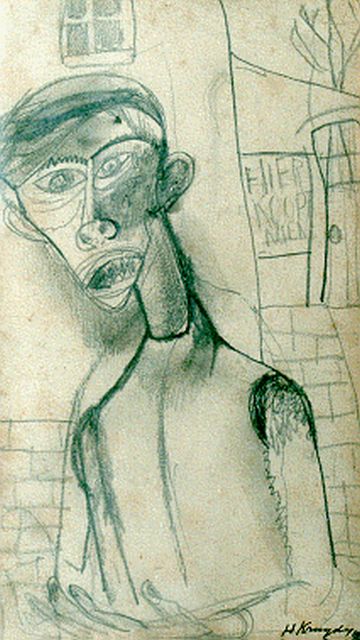 Herman Kruyder | Een man: 'hier koopt men', tekening op papier, 18,0 x 11,0 cm, gesigneerd r.o. en gedateerd 1929