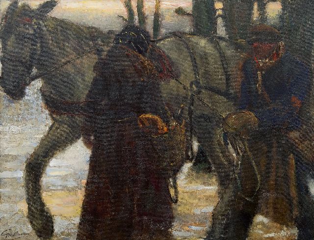 Gerard Westermann | Figuren bij een trekpaard, olieverf op doek, 77,0 x 100,0 cm, gesigneerd l.o.