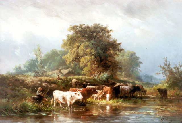 Albert Jurardus van Prooijen | Landschap met drinkend vee, olieverf op paneel, 23,0 x 33,4 cm, gesigneerd r.o.