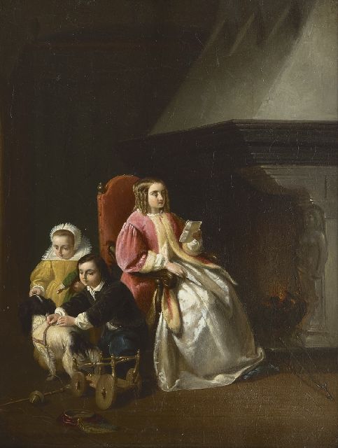 Vaarberg J.C.  | Moeder met kinderen bij een haard, olieverf op paneel 29,5 x 22,6 cm, gesigneerd l.o. en gedateerd '60