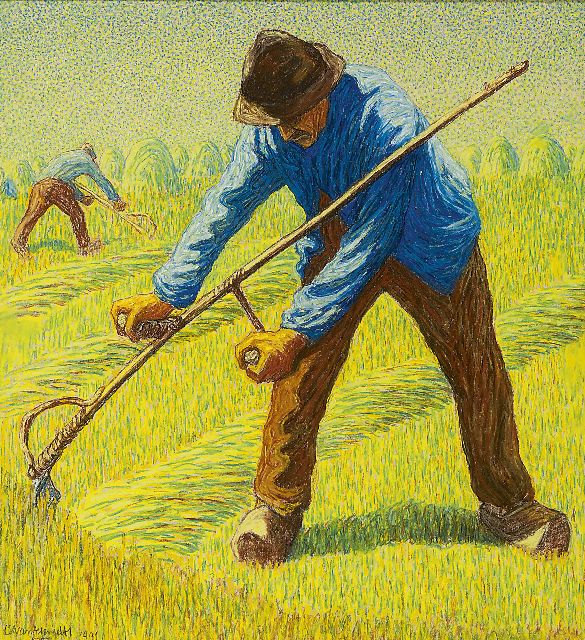 Assendelft C.A. van | De maaier, gekleurd krijt en pastel op papier 60,0 x 55,8 cm, gesigneerd l.o. en gedateerd 1909