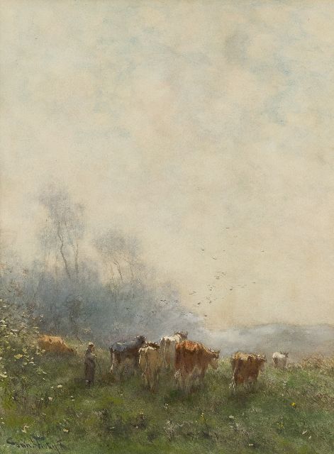 Vrolijk J.M.  | Herderin met haar kudde in de ochtendnevel, aquarel op papier 53,5 x 39,4 cm, gesigneerd l.o.