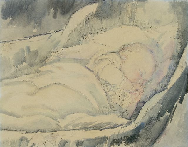 Jan Sluijters | Slapende baby, zwart krijt en aquarel op papier, 43,3 x 55,1 cm, gesigneerd r.o.