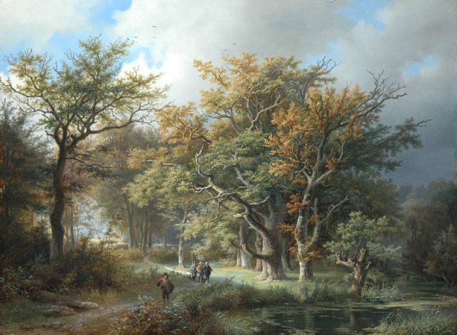 Remigius Adrianus Haanen | Boslandschap met landvolk en jagers, olieverf op paneel, 42,2 x 57,1 cm