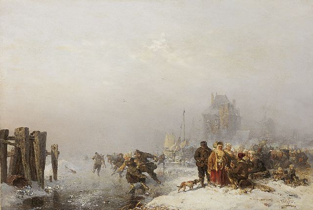 Carl Hilgers | IJspret op een bevroren rivier, olieverf op doek, 48,7 x 65,9 cm, gesigneerd r.o. en verso gedateerd 1886