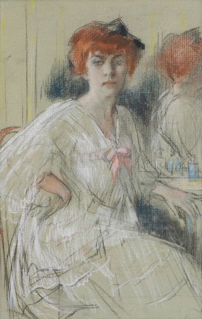 Garf S.  | Jonge vrouw voor haar kaptafel, pastel op papier 59,9 x 38,5 cm