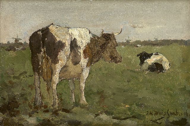 Jan Hendrik Weissenbruch | Koeien in een polderwei, olieverf op doek op paneel, 14,0 x 20,5 cm, gesigneerd r.o.