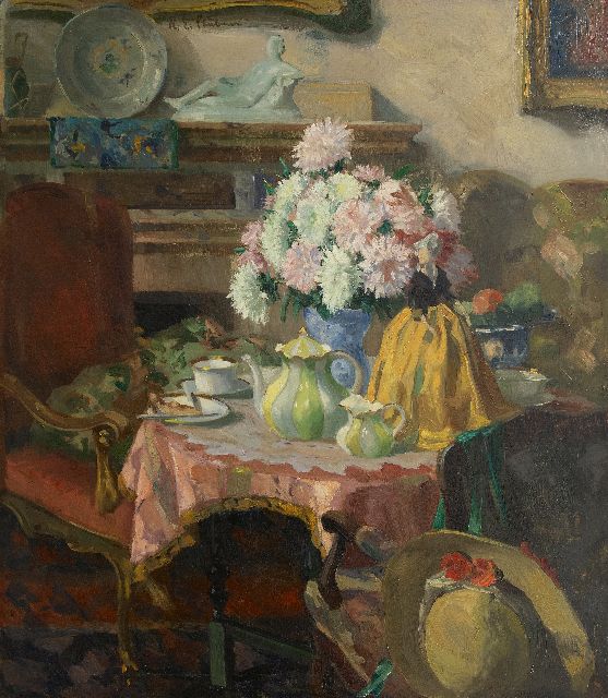 Robert Emil Stübner | Afternoon tea, olieverf op doek, 95,0 x 85,0 cm, gesigneerd l.b.v.h.m.