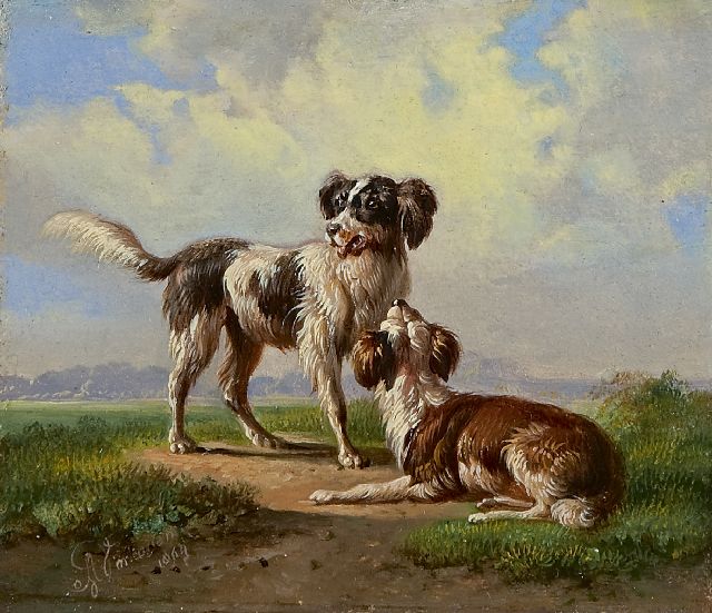 Albertus Verhoesen | Twee jachthonden in een landschap, olieverf op paneel, 10,8 x 12,4 cm, gesigneerd l.o. en gedateerd 1864