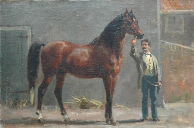 Otto Eerelman | Volbloedhengst met begeleider in stal, olieverf op doek op paneel, 35,0 x 52,0 cm
