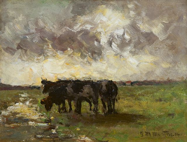 Munthe G.A.L.  | Koeien in de wei, olieverf op schildersboard 25,2 x 32,9 cm, gesigneerd r.o. en gedateerd '06
