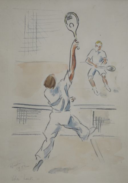 Franse School, 20e eeuw   | Tennisspelers, gemengde techniek op papier 27,5 x 19,5 cm, gesigneerd l.o. ('Ronde' vaag) en gedateerd 1942