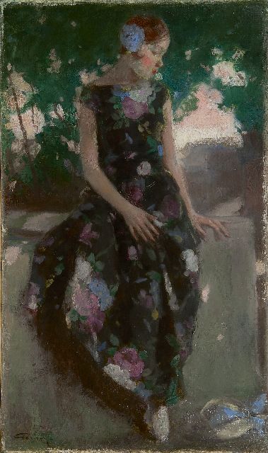 Gonin J.F.  | Jonge vrouw zittend op een tuinmuur, olieverf op doek 66,1 x 39,3 cm, gesigneerd l.o.