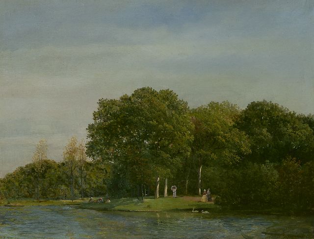 Julius Jacobus van de Sande Bakhuyzen | Parklandschap met elegant gezelschap, olieverf op doek op paneel, 26,7 x 35,0 cm, gesigneerd r.o.
