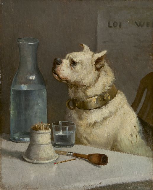 Duyk F.  | Hond met een neus voor drank, olieverf op doek 50,1 x 40,1 cm, gesigneerd m.o.