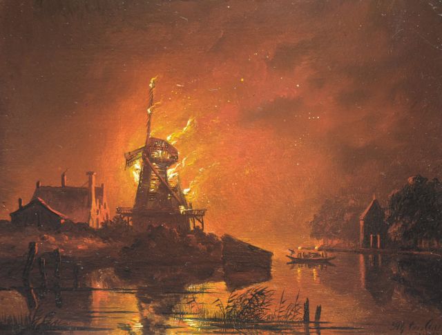 Hendrik Gerrit ten Cate | Brandende molen bij nacht, olieverf op paneel, 13,8 x 18,3 cm, gesigneerd r.o. en onduidelijk gedateerd 184[8]