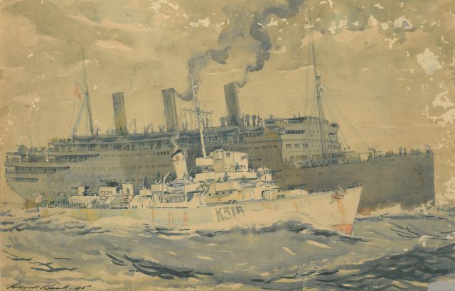 Robert Trenaman Back | Passagiersschip en marineschip op zee, aquarel op papier, 22,0 x 33,8 cm, gesigneerd l.o. en gedateerd '45, zonder lijst