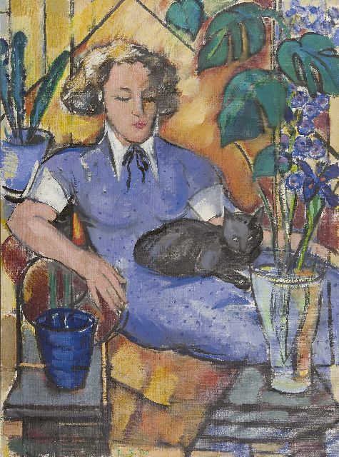 Louis Saalborn | Vrouw met poes, olieverf op doek, 120,8 x 90,4 cm, gesigneerd m.o. met initialen en gedateerd '50