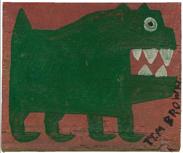 Tim Brown | Green dog, acryl op paneel, 34,0 x 39,2 cm, gesigneerd r.o. en te dateren ca. 1960-1970