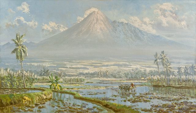 Raden Basoeki Abdullah | Ploegende Javaanse boer met op de achtergrond de Merapi, olieverf op doek, 75,0 x 130,0 cm, gesigneerd r.o.