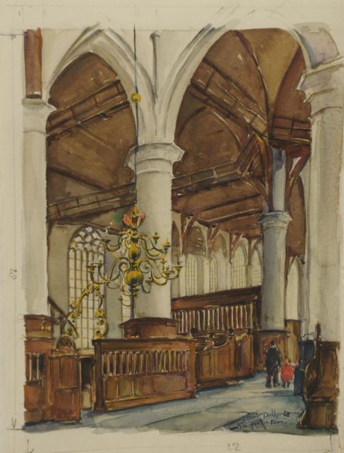 Dekker N.C.  | Interieur van de Nederlands Hervormde Kerk, Edam, aquarel op papier 32,5 x 24,4 cm, gesigneerd r.o. en gedateerd '48