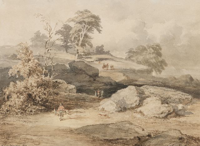Kuytenbrouwer II M.A.  | Valkenjacht bij de rotsen van Cuvier Chatillon in het bos van Fontainebleau, bruine inkt, zwart krijt en aquarel op papier 24,6 x 34,0 cm, gesigneerd l.o. en gedateerd 1847
