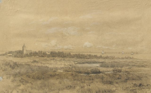 Johanna van Deventer | Gezicht op Huizen, zwart krijt en aquarel op papier, 19,2 x 30,3 cm, gesigneerd r.o.