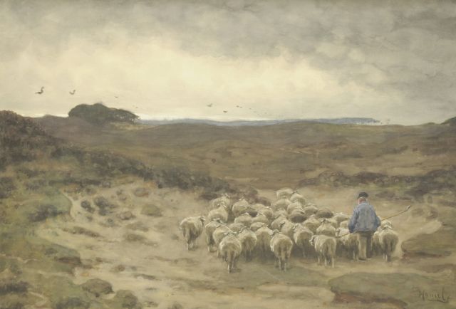 Willem Hamel | Schaapsherder met kudde, aquarel op papier, 54,1 x 76,5 cm, gesigneerd r.o.