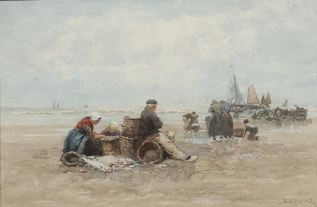 Johannes Marius ten Kate | Scheveningse vissersfamilie op het strand, aquarel en olieverf op papier, 29,8 x 45,2 cm, gesigneerd r.o.