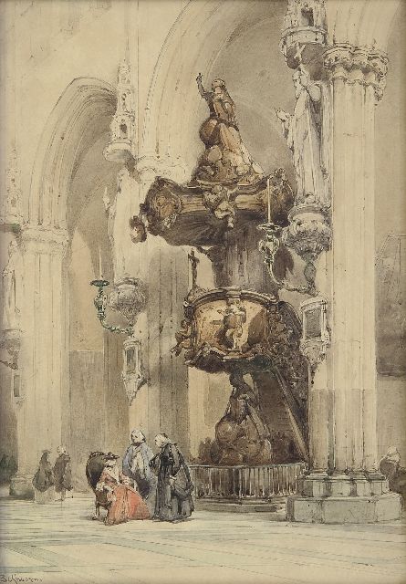 Johannes Bosboom | Preekstoel in de Onze Lieve Vrouwekerk, Brugge, aquarel op papier, 38,1 x 27,4 cm, gesigneerd l.o.