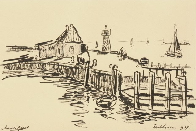 Maaike Braat-Rolvink | De haven van Enkhuizen, Oost-Indische inkt op papier, 23,0 x 32,5 cm, gesigneerd l.o. en gedateerd 1947